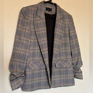 1. State Plaid Blazer XS Ruched Sleeves Open Front Button Jacket Preppy Academia